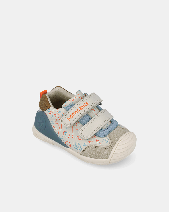 Pantofi Piele Naturală Primii Pași Biomecanics – Crem cu Imprimeu Dinozauri - 262120-B695
