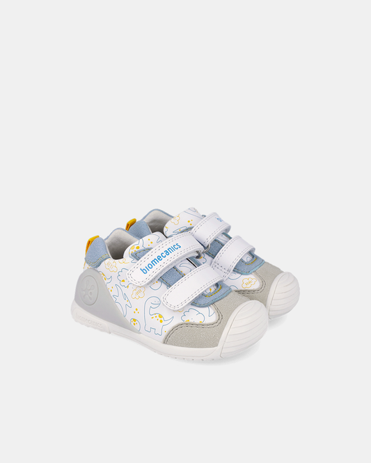 Pantofi Piele Naturală Primii Pași Biomecanics – Alb cu Imprimeu Dinozauri - 262120-C050