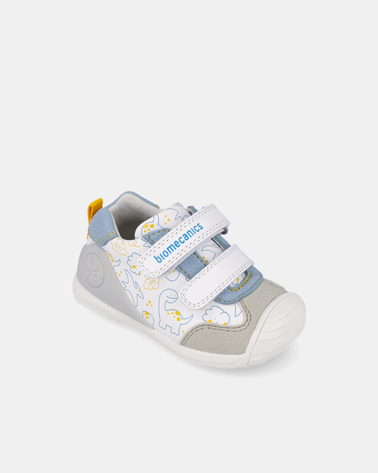Pantofi Piele Naturală Primii Pași Biomecanics – Alb cu Imprimeu Dinozauri - 262120-C050