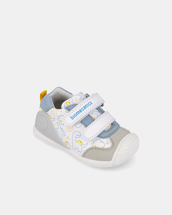 Pantofi Piele Naturală Primii Pași Biomecanics – Alb cu Imprimeu Dinozauri - 262120-C050