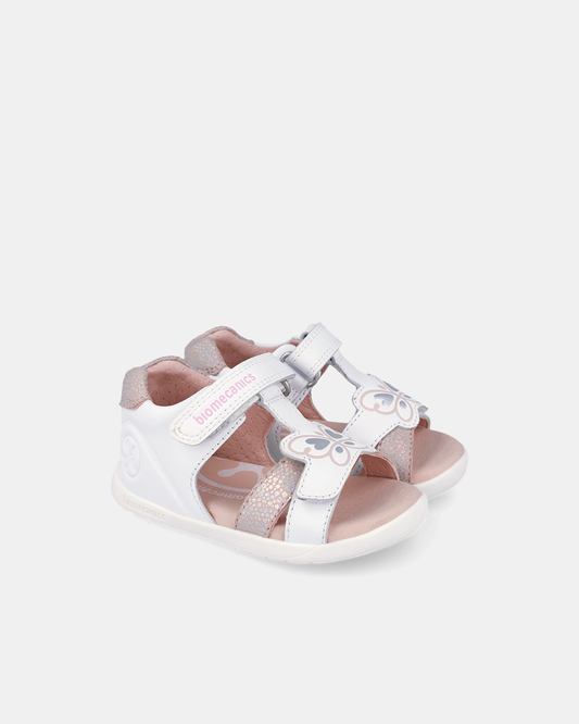Sandale Piele Naturală Biomecanics WIDER – Alb Complet cu Fluturaș Sidefat - 262162-B050